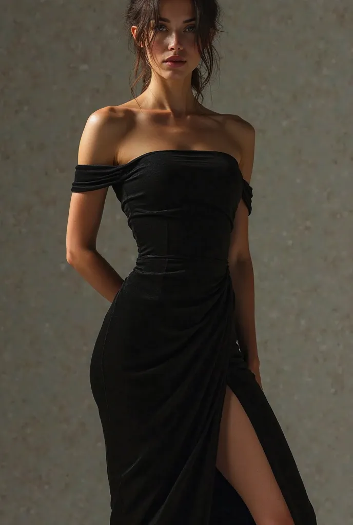 Draped in a fitted black one off-shoulder midi dress, its thigh-high slit accentuating the elegant lines of my figure