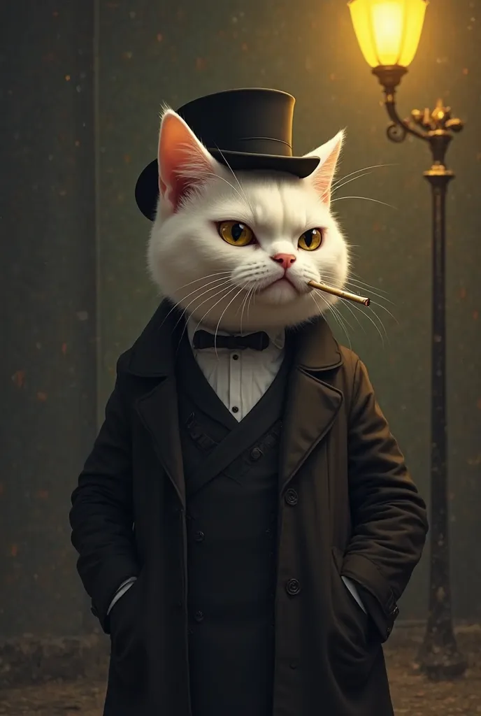 I want you to create a cat on a medium-dark background with a yellowish light pole lighting it up slightly. It's a white cat that wears 1900s-style black clothes, it has a cigarette on the right side of its mouth and has a faint feline expression of anger,...