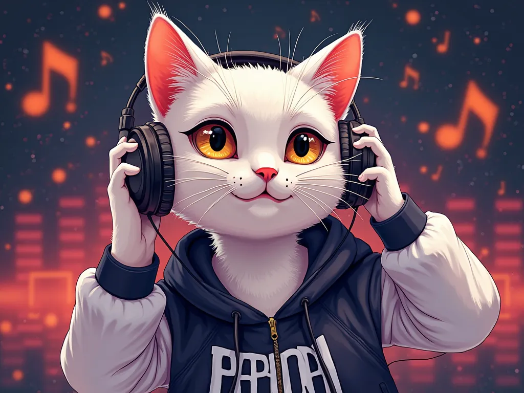 Create a cat-colored illustration in white and black, honey-colored eyes with jacket written PARODI, Fo using headphones, Enjoying pop music. The background contains song symbols, Sound board with lights and animation the image will be in high resolution, ...