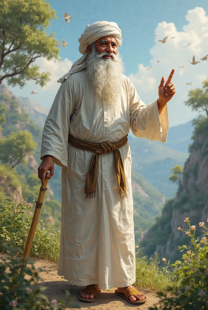 A fair, fit, energetic, tall, dark & handsome old man with white, thick beard & shaved mustache. His hair is thick. His thick curls are waving in the wind. He is wearing a A Muslims Turban. He has big eyes. He has rosy cheeks. He has thin lips. His teeth a...