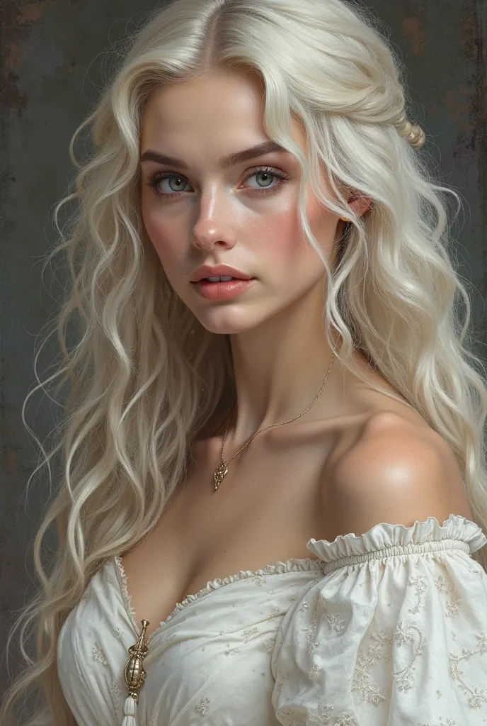 Would you draw a woman with her eyes icy blue eyes sharp and a little narcissistic. If the hair extends to her waist in the most beautiful tone of your daughter Have a Hellenistic white outfit like the high order of the middle ages Do you make it a portrai...