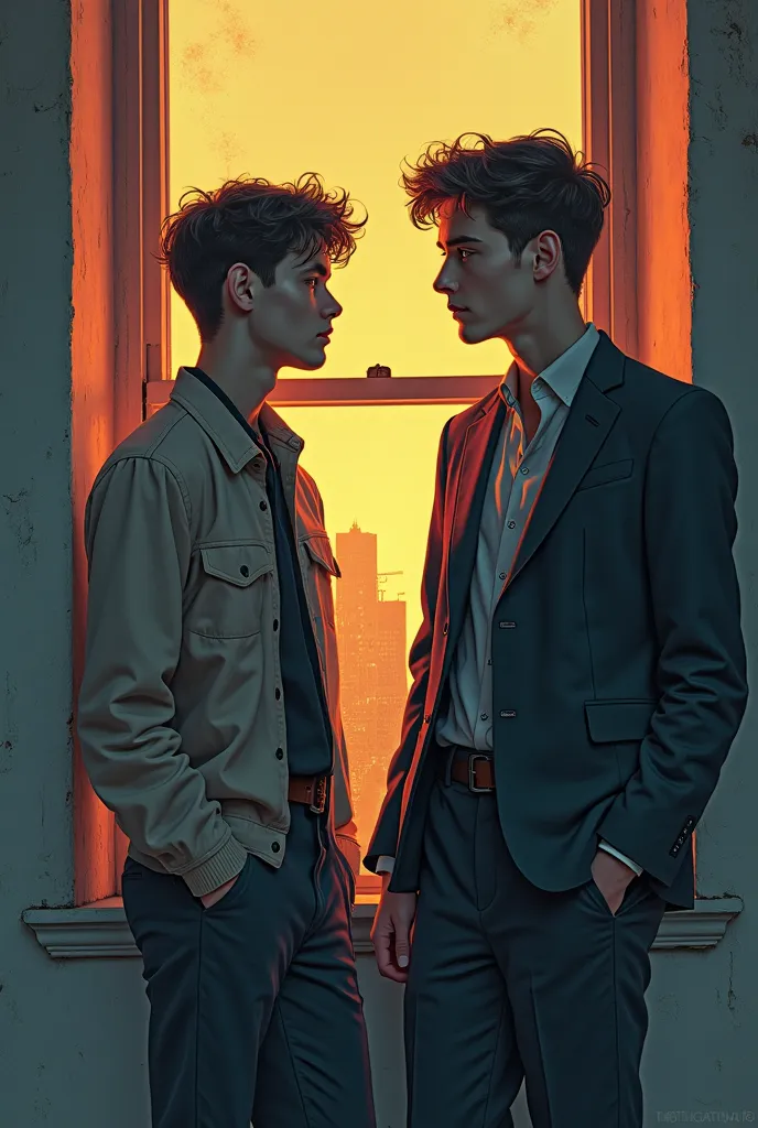 there are two young men standing next to each other in front of a window, edmund blair and charlie bowater, inspired by Tim and Greg Hildebrandt, charlie bowater and artgeem, charlie bowater and tom bagshaw, nick silva and ilya kuvshinov, inspired by Broth...