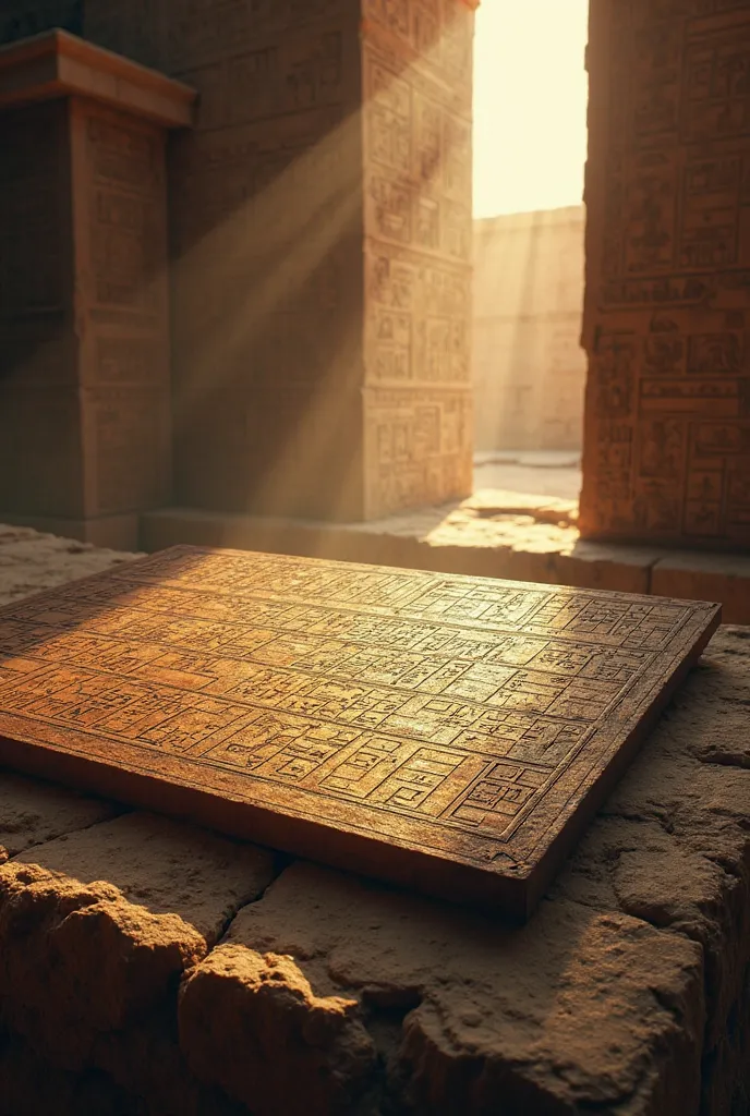 Generate a realistic image of a Senet board placed on an ancient tomb, evoking a mystical and spiritual environment. The scene must be set in an Egyptian archaeological environment, with hieroglyphics and sacred symbols carved on the stone of the tomb. The...