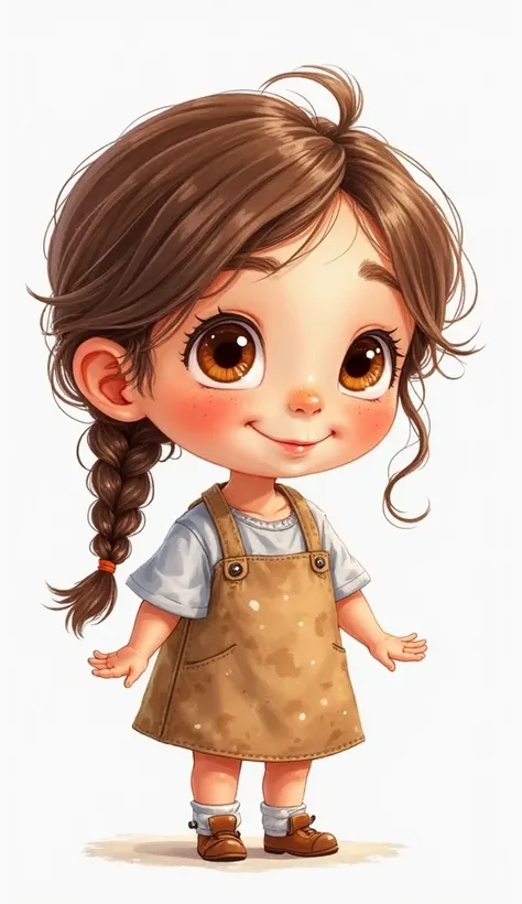 Baby Girl,  brown hair with a brown eye braid, mignonne traits fin, qui construit une maison avec un petit marteau et des clous , white background, Pixar style watercolor High Resolution, light smile, 