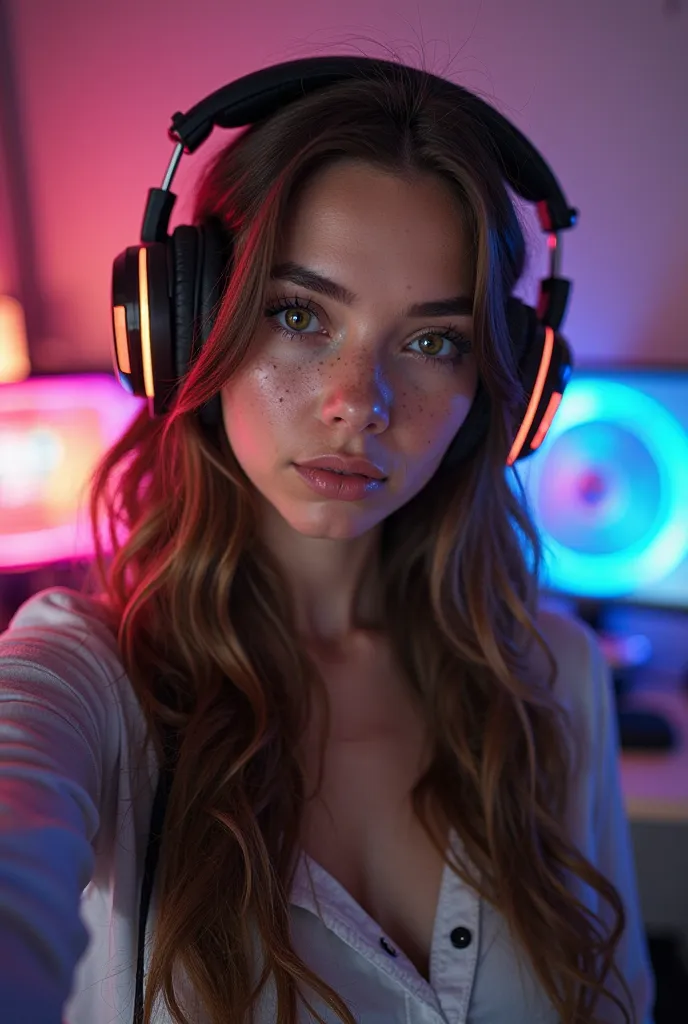 "An attractive, uniform-looking white woman with brown hair and distinctive freckles poses elegantly. Taking a selfie with gaming headphones on her head and in the background a gaming setup illuminated with RGB lights."