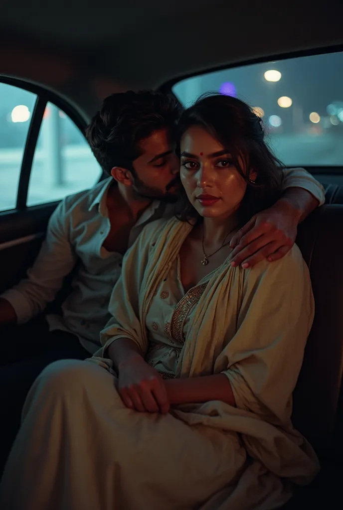 Indian 40 year old woman wears kurta and slacks, sitting on back seat of the car at night, having shawl on his laps, seductive and sexual facial expressions. And Indian age boy is sitting behind her, kissing her neck