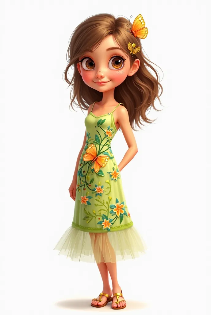 Digital art illustration  fair skin, light brown hair,with fringe on the forehead and butterfly clip,  brown eyes , thin nose, happy and smiling, big eyes and ears, small mouth, Slim face wearing light green mango dress with colorful flower branches, butte...