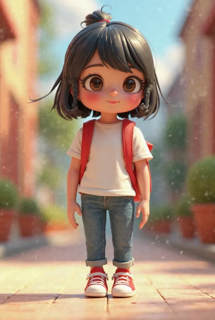 Create an image of a  , Style 3D, She is a tiny ,  she wears a school uniform ,  jeans, white t-shirt, black hair with tied hairstyle, and brown eyes, pink cheeks, red tennis, red backpack