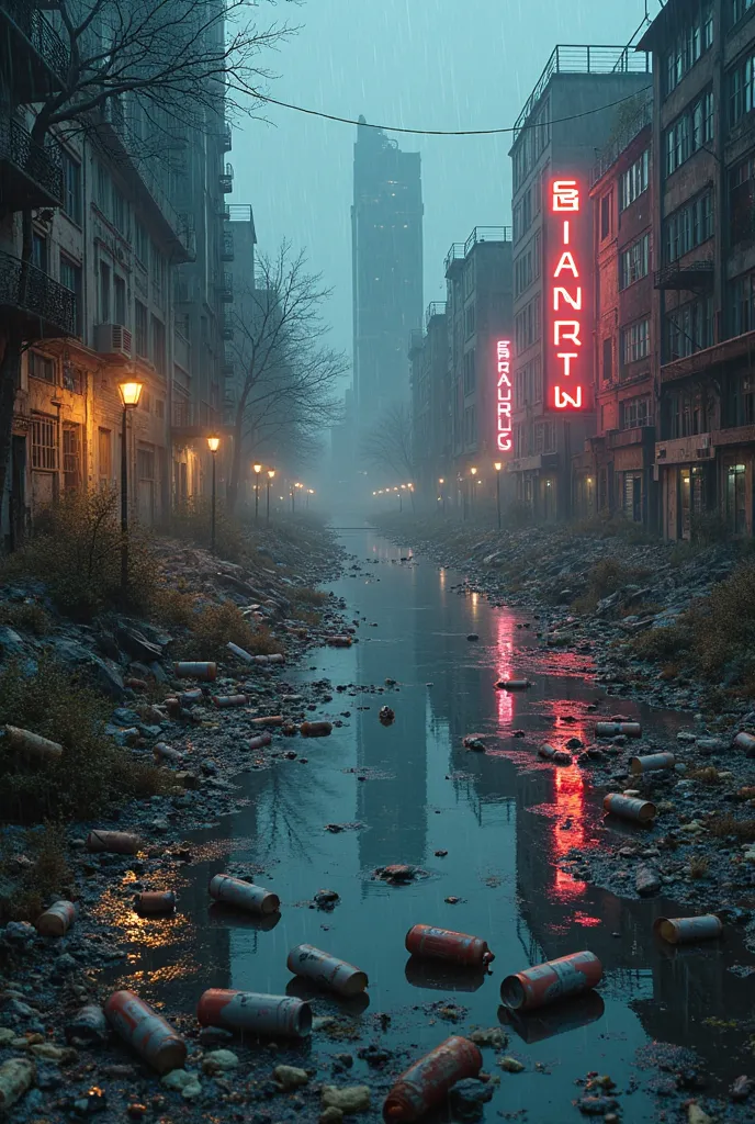 A lake in a gloomy big city like Seattle in the slums, completely litter and with oily film on the water surface, at night, rain, Neon light, dirt, Garbage , realistic, high resolution 