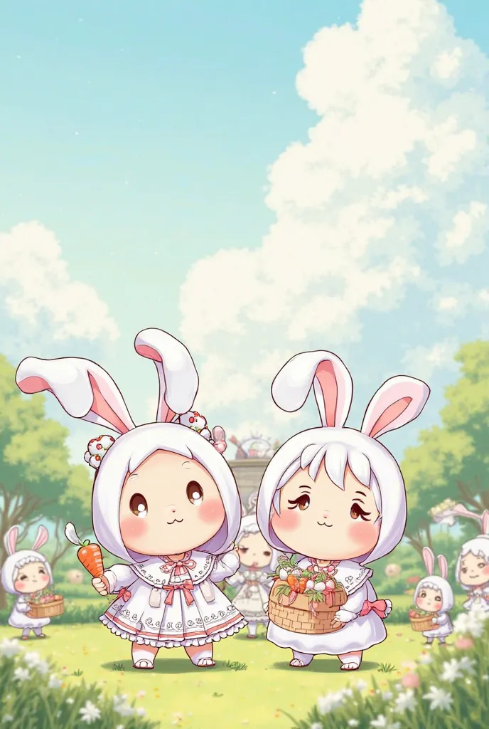 Anime style people in chibi style with rabbit clothes