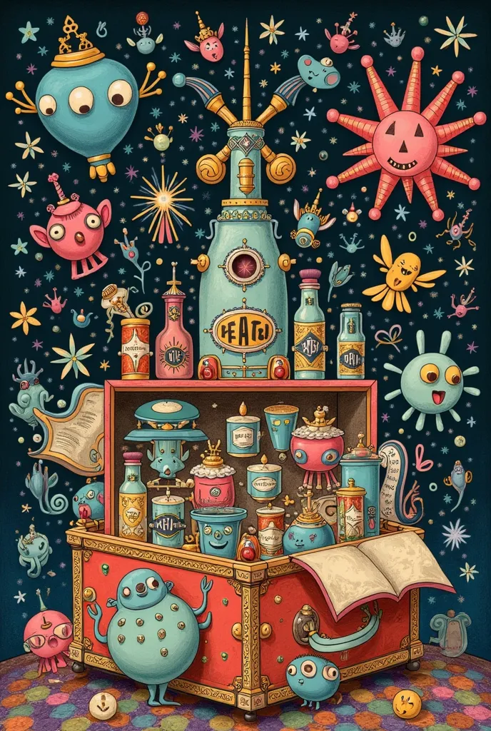 Tim Burton-style illustration of a box of curiosities made up of recipes, concoctions, formulas and other trifles, which is surrounded by ancestors, alebrijes, gods and other entities that populate the worlds we inhabit. What it tries to symbolize is the “...