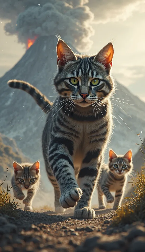 The gray tabby cat with green eyes leading the kittens to safety, away from the volcano. The mood is triumphant and emotional. Style: realistic