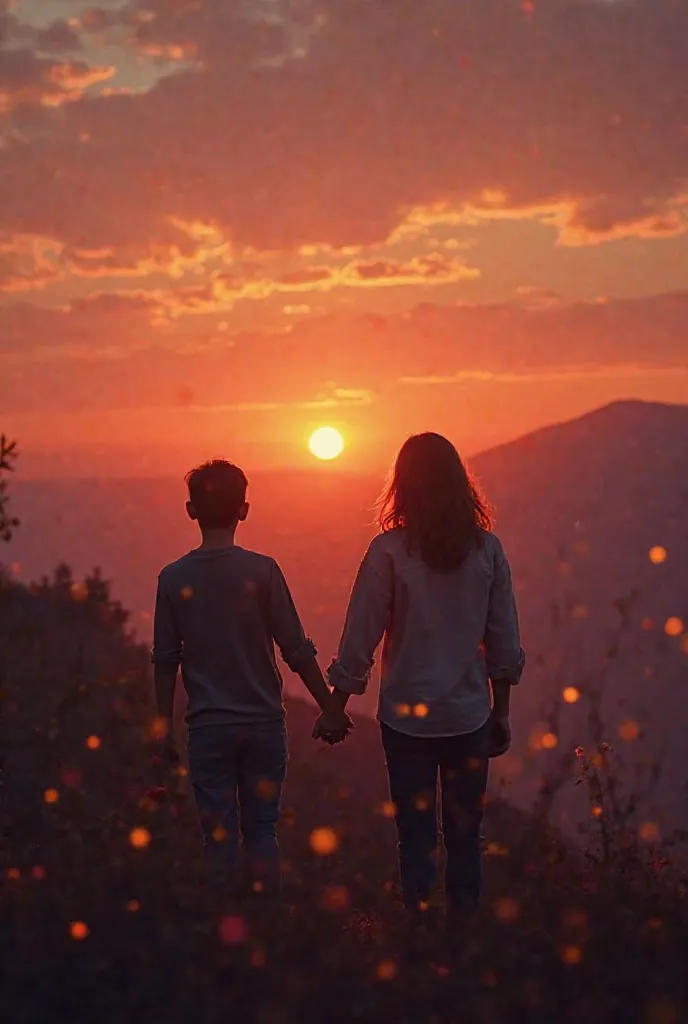 1.	A melancholic landscape with a romantic touch: A sunset with warm tones (rose, oranges, purple) and a silhouette of a boy looking towards the horizon, conveying longing.
	2.	A blurry portrait of a couple: as if it were a memory , with soft light effects...