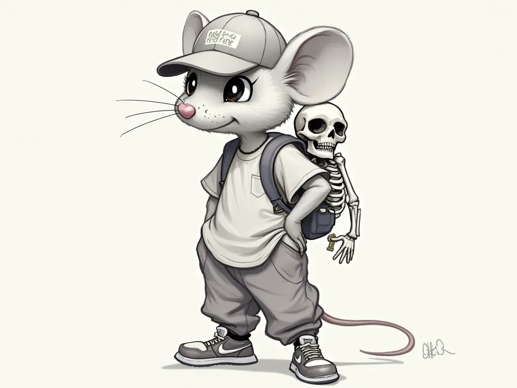 I want you to just sketch a character, This one must be done in 2D, a mouse that wears a cap "five penel" He carries a skeleton on his back along with a key, He wears an oversized shirt and baggy pants with a Nike sb sneaker, I just want the sketch 