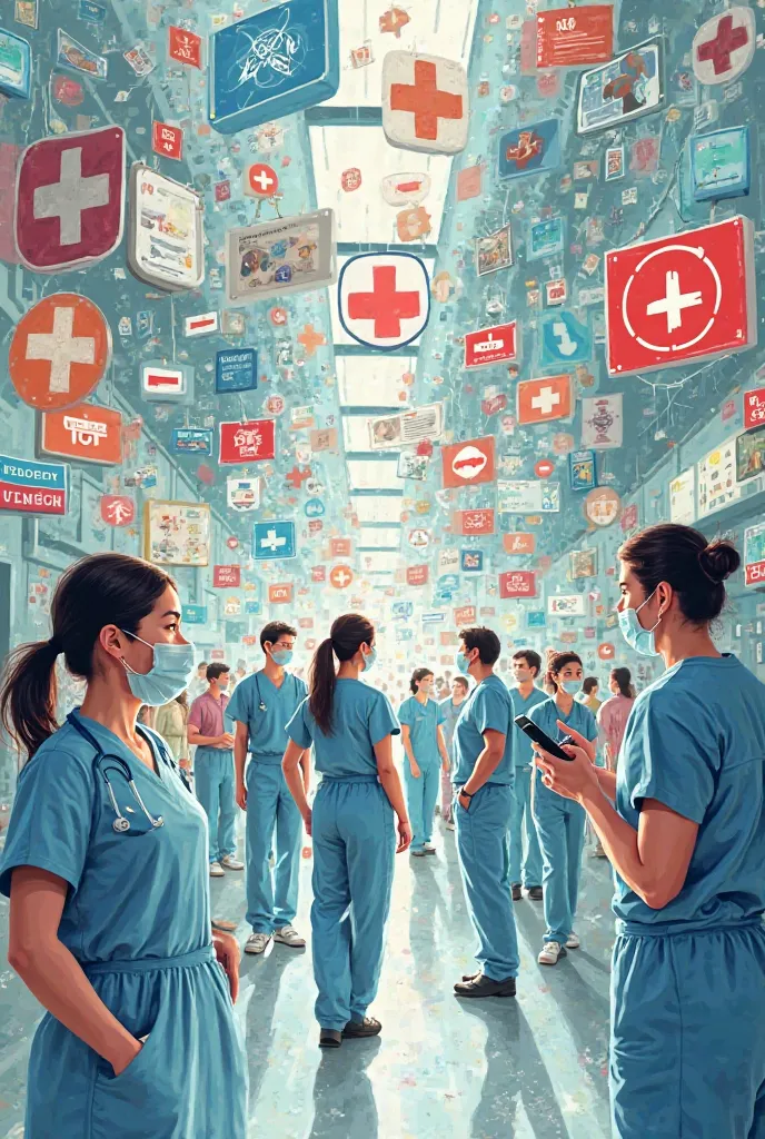 A collage of hospital icons, emergency signs and medical personnel.