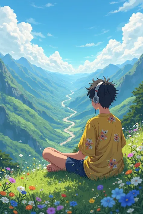 Here’s a prompt you can use to generate a similar image:

Prompt:
"A young man with short, messy hair sits cross-legged on a grassy hillside, wearing a loose, floral-patterned yellow shirt and headphones. He gazes at a breathtaking valley below, with lush ...