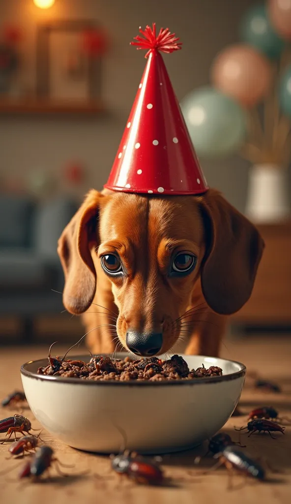 "A small brown Dachshund puppy with big, droopy eyes and floppy ears wears a red party hat and stands in front of a bowl filled with insects. It sniffs the strange food hesitantly, scrunching its nose in disgust. Some cockroaches have already crawled out o...