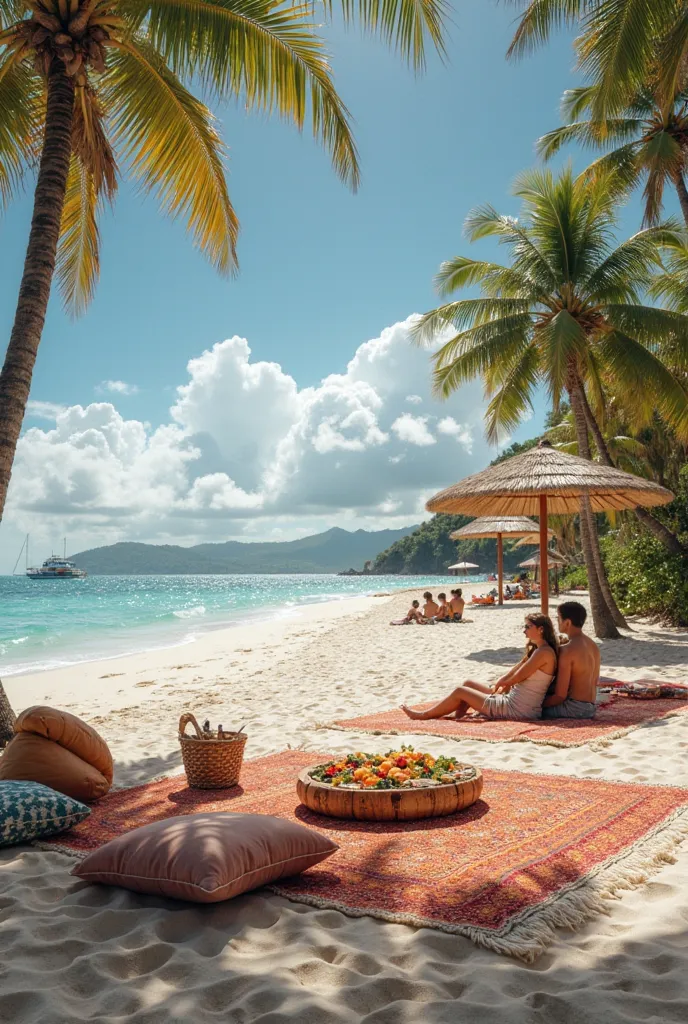 I want to create an image of a paradisiacal beach with a wedding taking place on it, in which you can see people sitting on a carpet placed on the beach on pillows and Mexican food stations, Asian enindu 