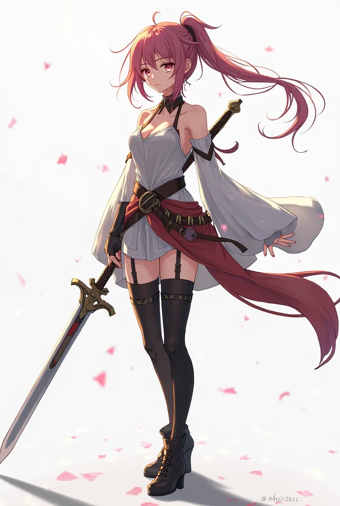 anime girl with sword and black stockings standing in front of white background