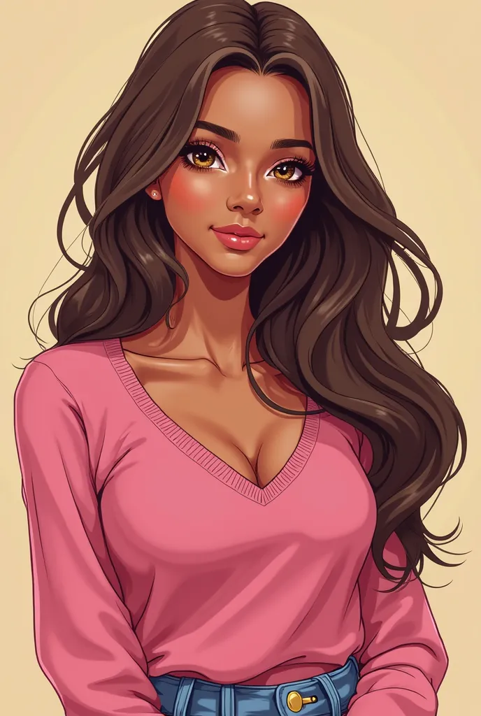 20-year-old woman, 1. 58 meters tall ,62 kg of weight , long very long brown hair,  honey brown eyes , dark skin, not white , pink sweater. Catoon style 