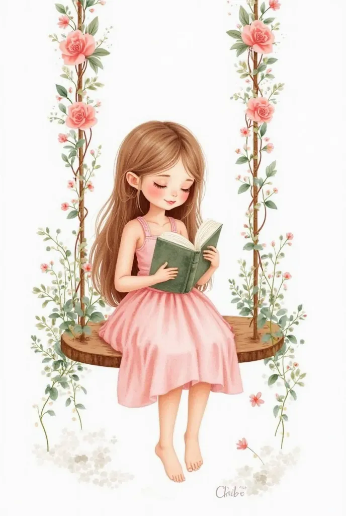 Create the image it's a watercolor painting of a cute  sitting on a swing,  reading a book. She has long brown hair and is dressed in a light pink dress. The swing is decorated with flowers and plants and looks very comfortable and cozy. The background is ...