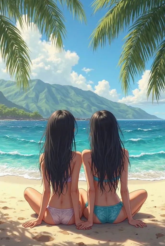 Two realistic European-looking girls with dark hair sit on a beach in Hawaii 