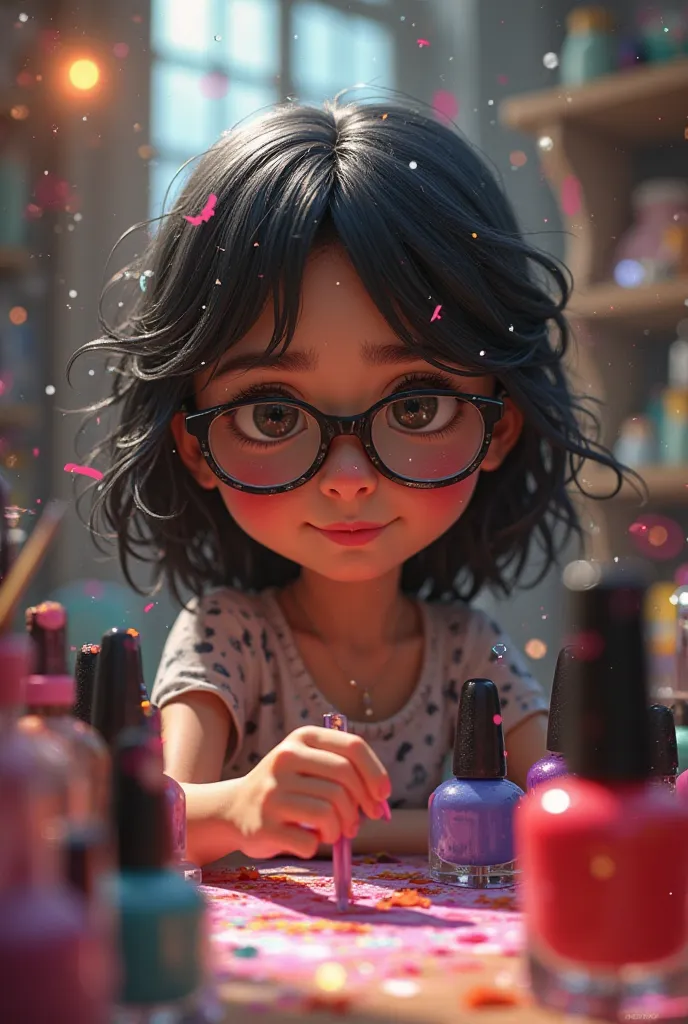 Pixar cover ,Letters that play Nails, Dark-haired girl,with glasses, on a table with lots of nail polishes 