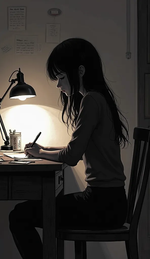 A black silhouette of a  girl named Lucia writing on her desk in her apartment.
