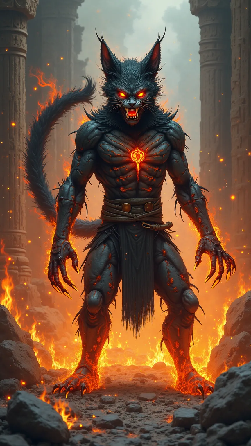 A terrifying hybrid of Scorpion and Tom stands in the ruined temple, its fur darkened with soot and streaks of glowing embers.
Its feline face is twisted into a snarling, masked expression, its razor-sharp claws wrapped in searing-hot flames.
The hybrid’s ...