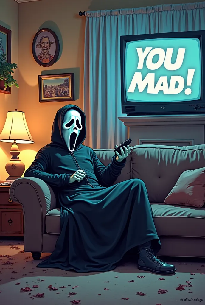 Ghostface from the horror movie scream  cartoon watching tv on channel words you mad