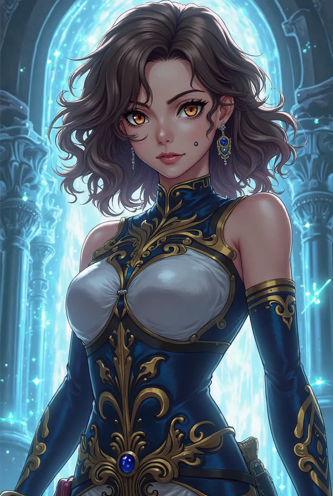 Un personnage feminin de l'animé fairy tail, brunette with curly hair and brown eyes with an outfit as in the first image and a scar on her face with a crystal background