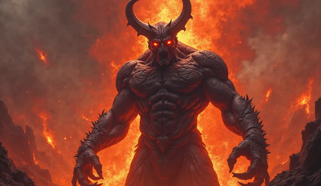 Infernal Overlord Malakar, a towering demonic entity with a muscular humanoid form, stands amidst a volcanic abyss. His obsidian-textured skin is deeply cracked, revealing veins of molten lava pulsing beneath. His glowing red eyes burn with infernal intens...