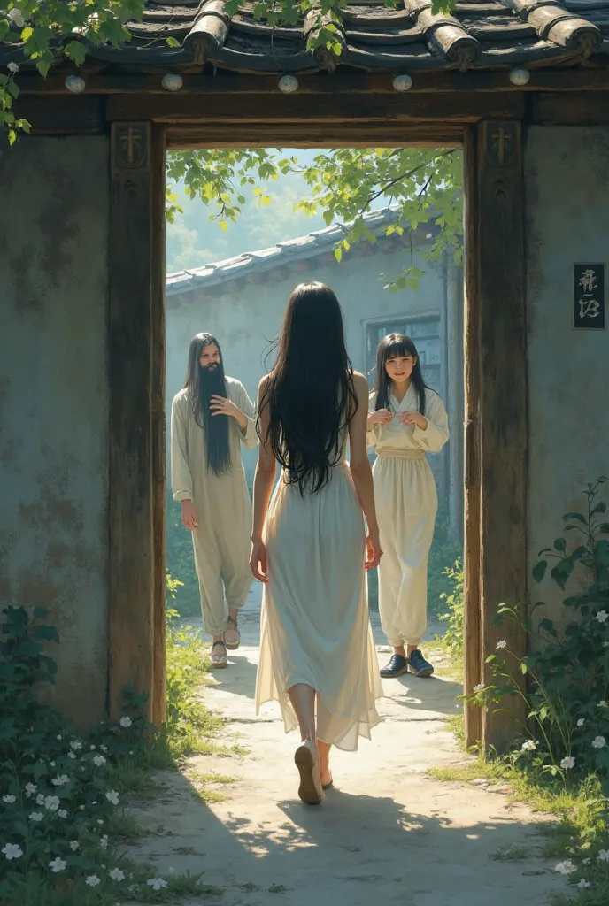 A woman a little far from the exit of the house and two ren watching from the exit and the woman seems to be moving away from the entrance to see the woman with black hair and a white dress 