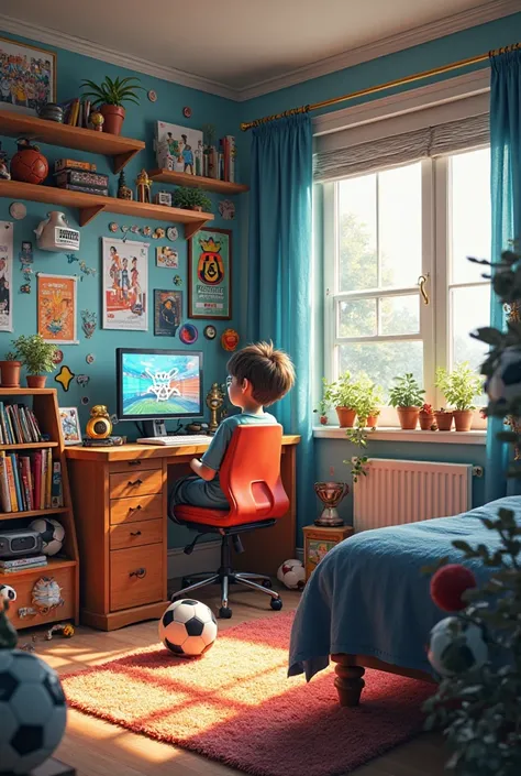 Interior of a room of a boy who likes soccer and video games.