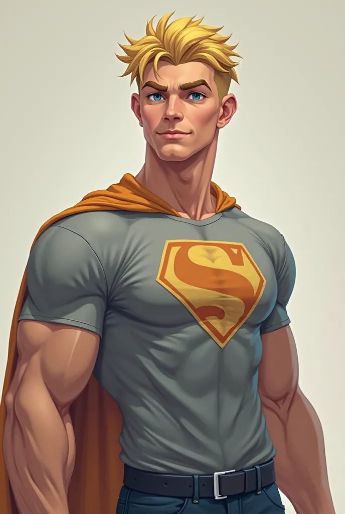 A 46-year-old blond boy with blue eyes with a superhero body and a gray t-shirt with seat on it