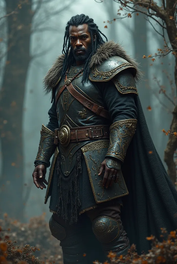 Black male, scarred, in griffin Witcher gear, dark hair and dreds