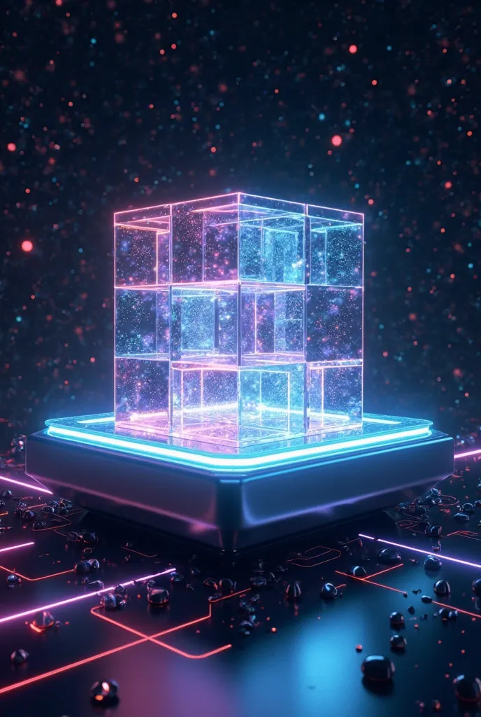 "An ultra-detailed 8K futuristic scene featuring a floating geometric structure in the center of a dark void. The structure is made of transparent, glowing cubes that shift and rearrange themselves in mid-air, creating an ever-changing pattern. Surrounding...