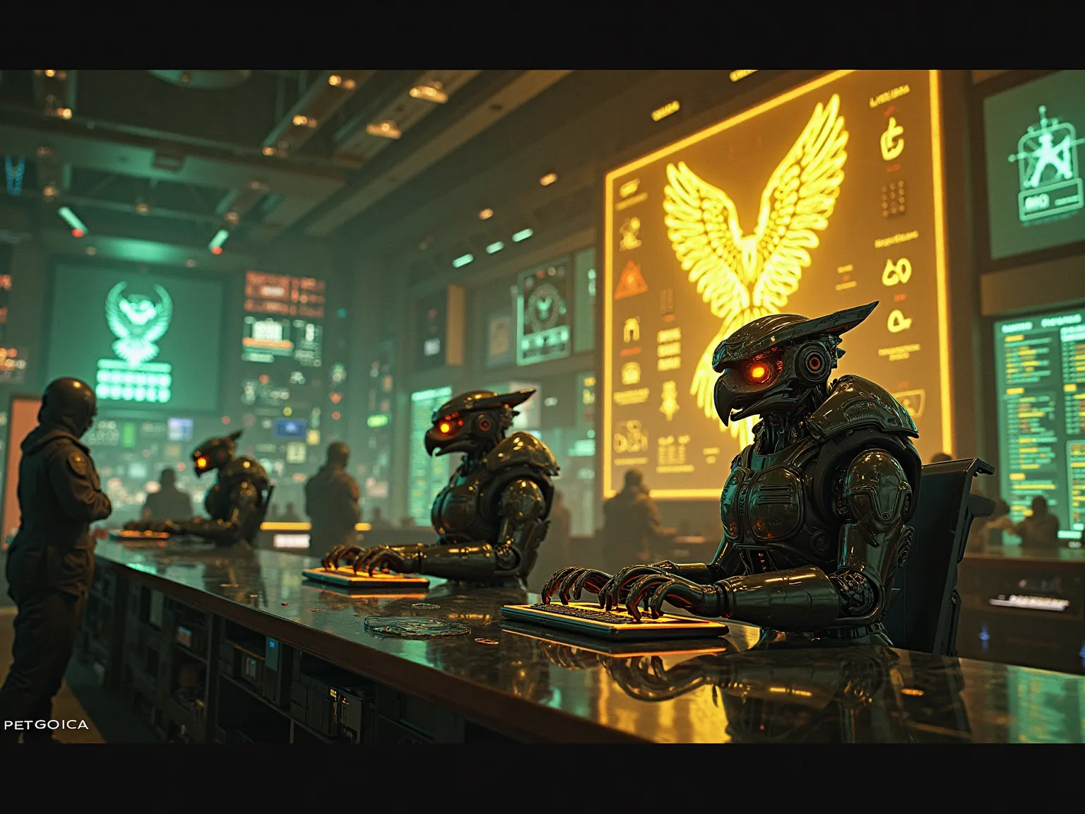 "A high-tech control room illuminated by Gold-neon-green light, filled with floating holograms, glowing data streams, and shifting digital symbols. Multiple cybernetic owl-human hybrids operate within the futuristic space, their mechanical talons dancing a...