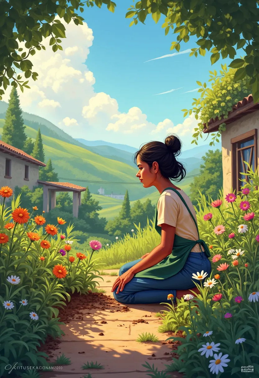 **Scene 1: The Garden**

*(The scene opens with a lush, vibrant garden. The sun is shining, and birds are chirping. Amina is kneeling in the soil, planting flowers. The Narrator begins.)*

**Narrator:** (Voiceover) In a small village nestled between rollin...