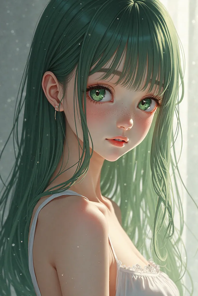 a girl, anime style, with long, straight hair, torn emerald green eyes and freckles on his face, shoulders and hands, with pale skin ,  a thin build, even with nice hips and thighs, little small bust