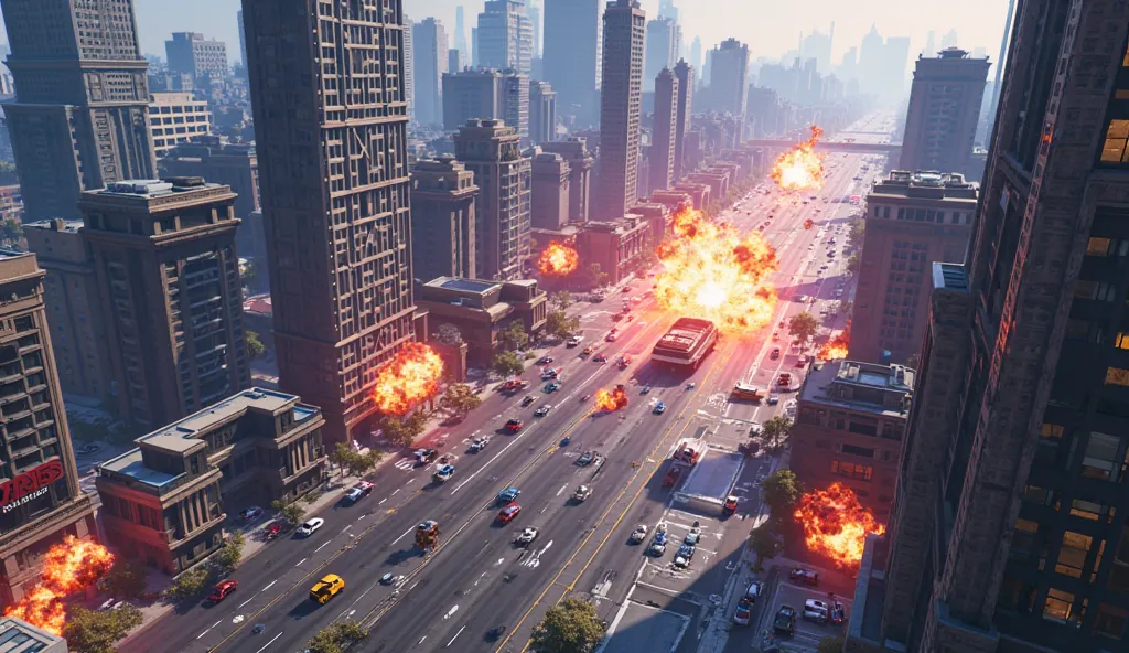 "Create an aerial view of a futuristic GTA 6 city with explosions, car chases, and chaos in the streets. The city should be bright and colorful, with blue, red, and yellow tones. Please leave the top area of the image empty for me to add text later. I will...