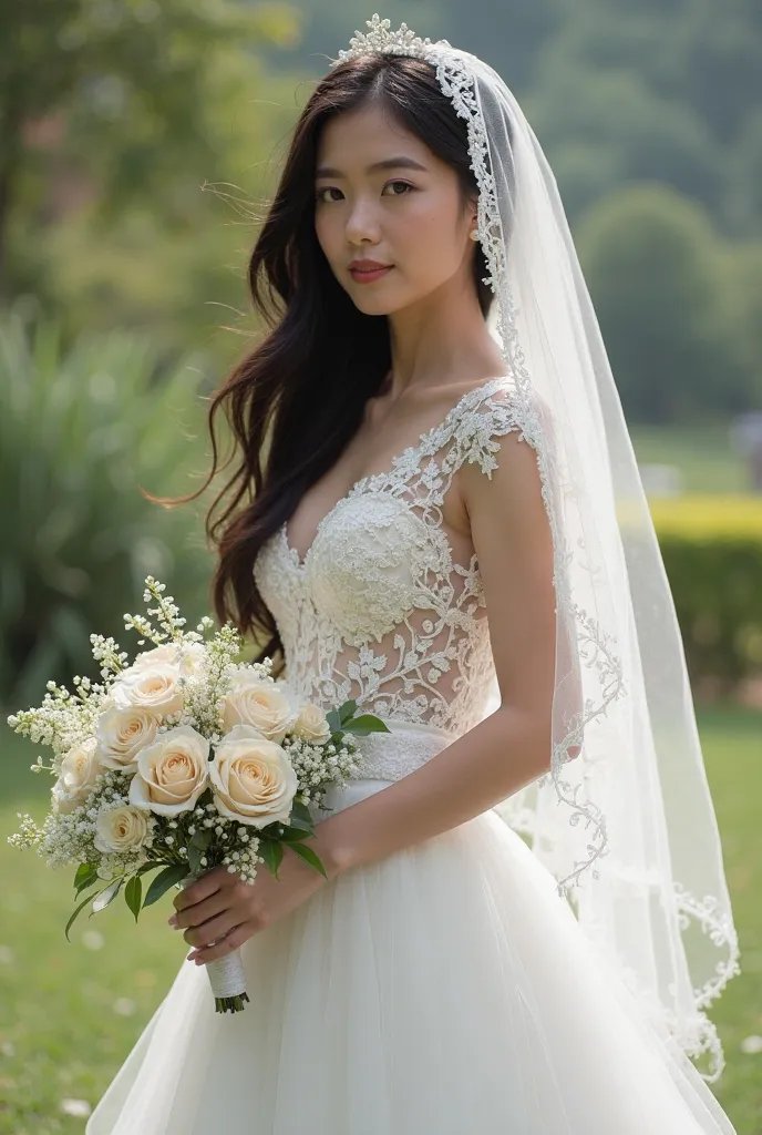 Woman with long black hair , with wedding dress , veil and bouquet, With outdoor wedding background 