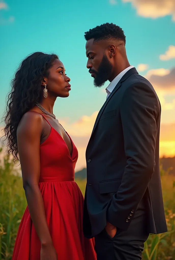 A horizontal image where a black man is talking to a black woman and she doesn't know an image with a blue background, green, yellow that the woman wears a red dress and the man wears a black suit 