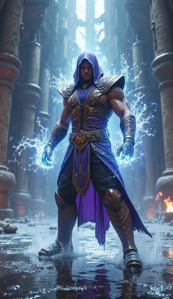 Ultra-realistic, cinematic 4K action shot of Rain from Mortal Kombat, standing in the midst of a brutal battle inside the Mortal Kombat arena. His purple and gold armor gleams under the dramatic lighting, with ripples of water flowing around him as he prep...