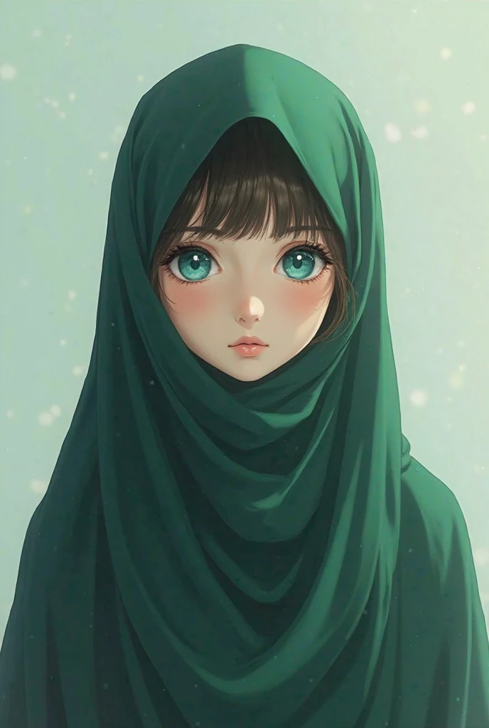 Anime girl with blue eyes in green niqab, It is Mustcover her mouth and nose, and niqab should also be without lace and decoration also hair is covered 