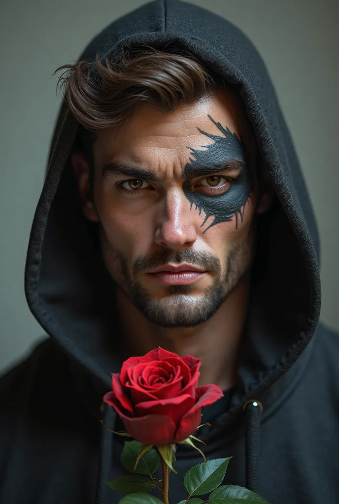 Ein attractiveer,  muscular man .  Distinctive face. Light beard stubble. black hoodie, brown short hair, attractive, A brown eye and a light blue one with a scar over the eye. A rose in the hand 