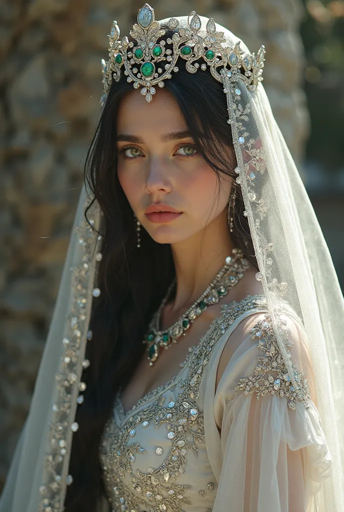 /imagine a young queen priestess with long black hair,well-outlined green eyes ,long eyelashes,pink face ,Mouth fleshy pink ,a black dot left side on the chin below the mouth ,On the front of the crown a white organza veil that covers your face and extends...