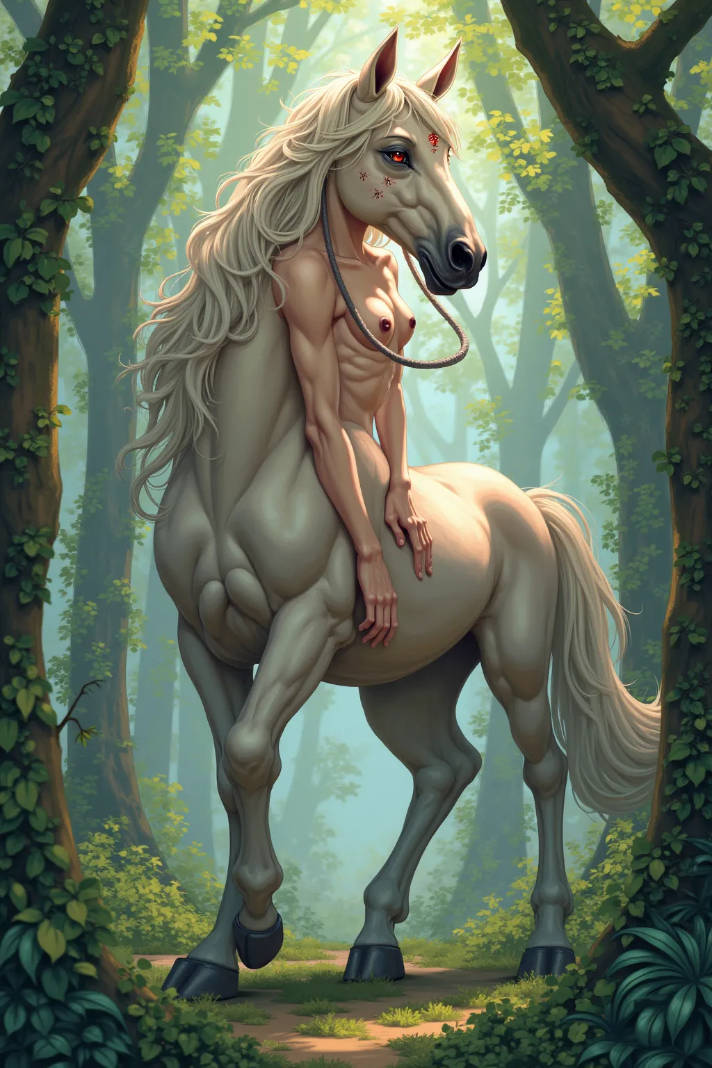 A female centaur in a forest, naked, bare breasts, NSFW, in full view in a highly detailed anime style