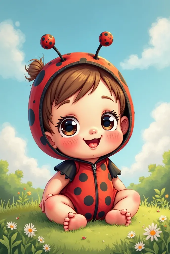 cartoon of a brunette baby with brown hair and black eyes sitting with ladybug clothes
