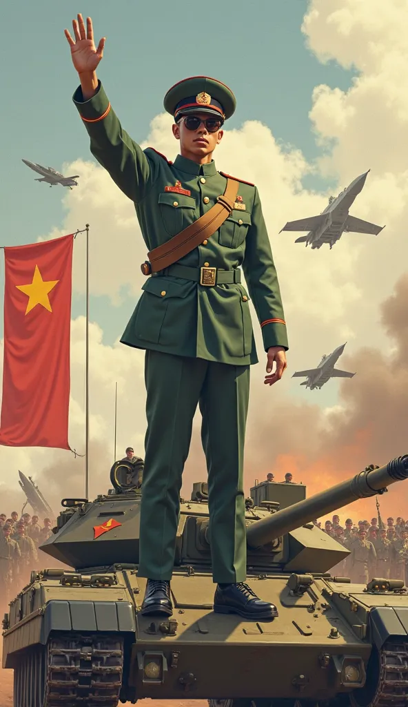 Personnage masculin, 20 ans, uniforme de dirigeant chinois des année 70, le personnage est sur un tank, affiche de propagande, chapeau de l'armé, tenue fashion du personnage, tank et missiles en arriere plan, armée en arriere plan, avion et missile que dec...